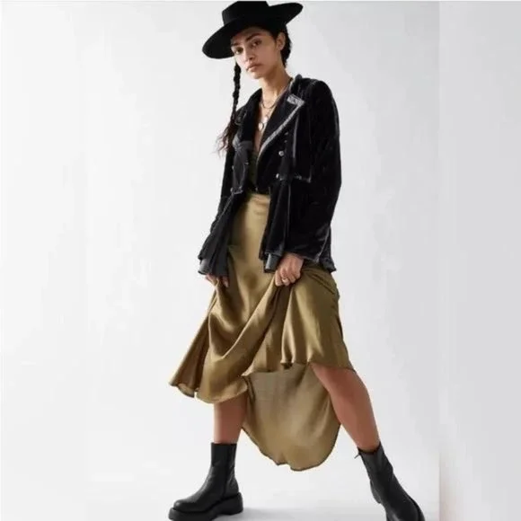 Free People Faye Velvet Jacket Military Style Ebony Grey Color NWT